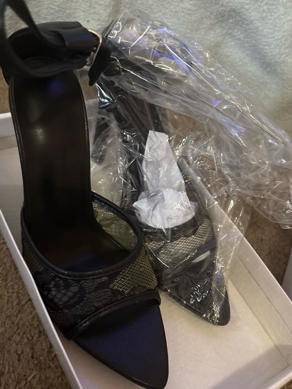 Black Lace Pointed Toe Ankle Strap Heels - Women